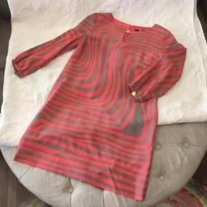 Tahari coral & taupe, zip back, gold buttons dress